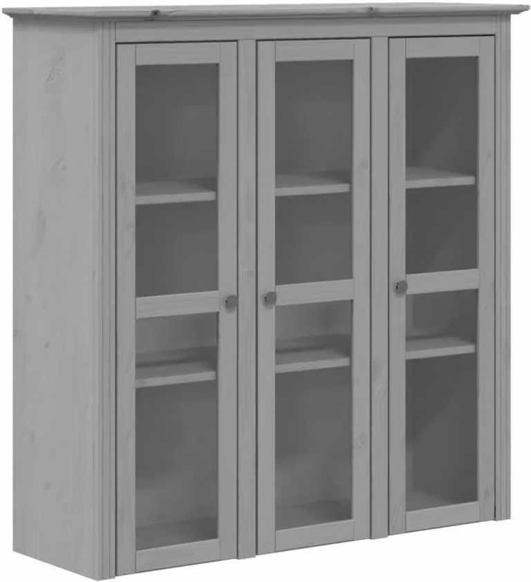 Grijs massief houten dressoir met glazen deuren en metalen accenten voor de woonkamer, eetkamer of keuken, B/D/H: 121 x 37 x 115,5 cm