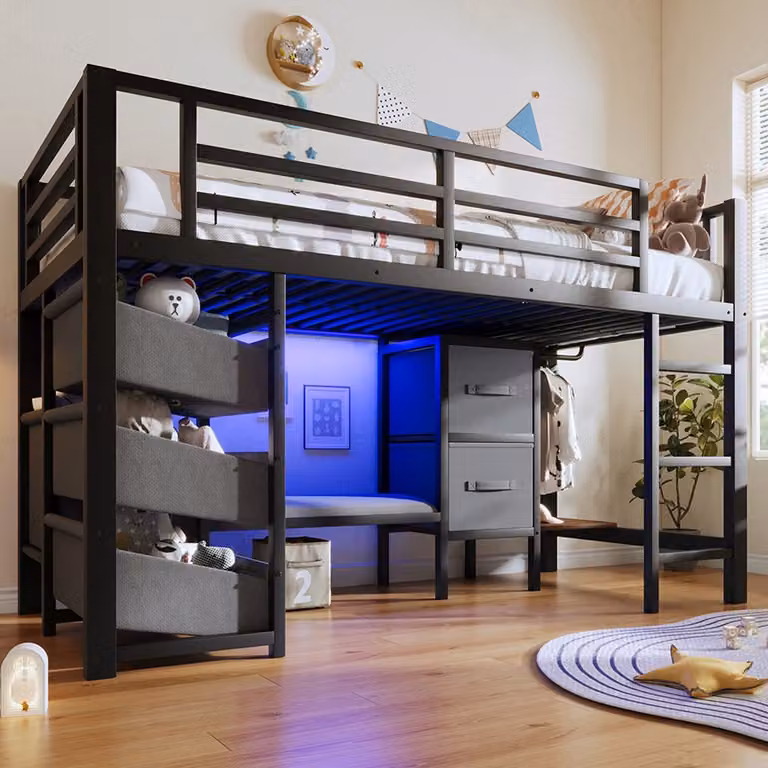 YEHTOKHOME Halfhoog bed met zitkussen, opberglade en opbergzak, voorzien van meerkleurige ledverlichting, Zwart, 90 x 200 cm