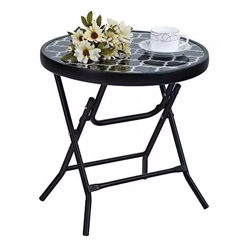 PHIVILLA Inklapbare ronde bijzettafel van glas en metaal voor tuin, balkon of terras