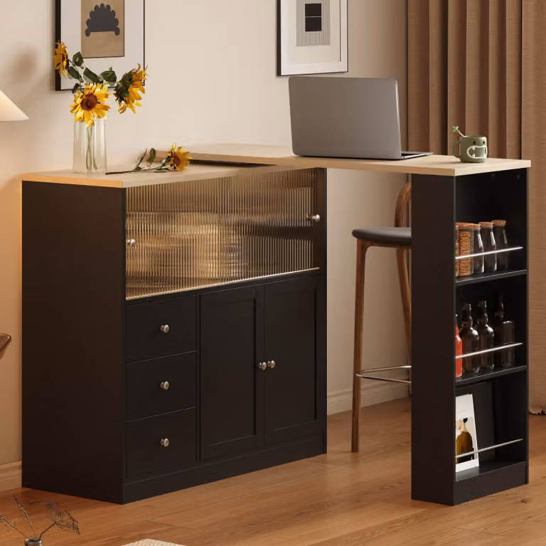 Okwish Bartafel met LED-verlichting en 360 graden draaitafel, Keukenblok met lade en glazen schuifdeur, Zwart