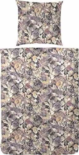 Primera Mako-satijnen beddengoed met bloemenprint beige en paars, dekbedovertrek 155 x 220 cm en kussensloop 80 x 80 cm