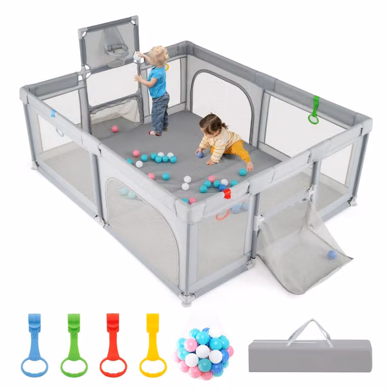 Costway Babybox met Basketbalring en Voetbaldoel, Peuterbox met Ballen en Draagtas, Lichtgrijs, 188 x 157 cm