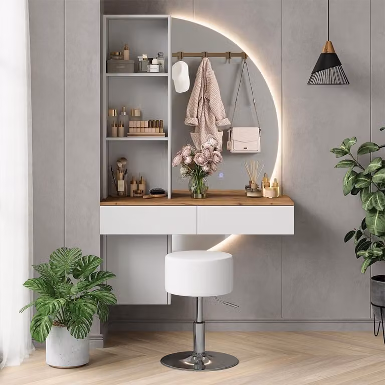 Vicco Kaptafelset Melora Wit/Eiken met LED-spiegel en kruk, Breedte: 100 cm
