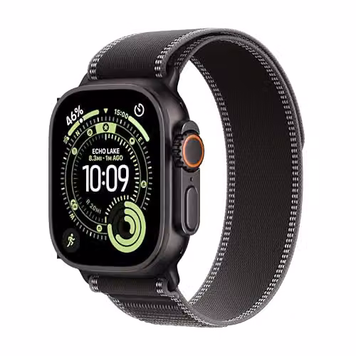 Apple Watch Ultra 3 GPS + Cellular 49 mm Smartwatch met Zwart Titanium Kast en Zwart Trail Loop Bandje (M/L)