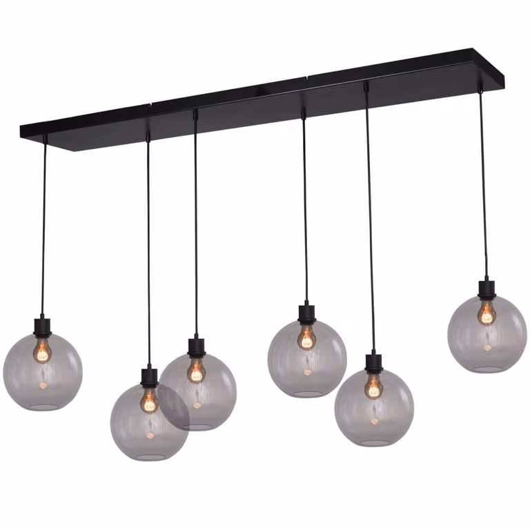 Masterlight Hanglamp Lazise zwart met 6 transparante glazen kappen van Ø 25 cm