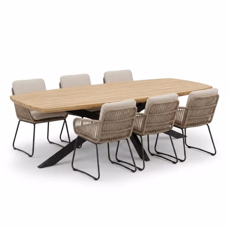 Salo/Harper Sahara Dust eettafelset voor 6 personen in hardhout en touw, 240 cm, Deens design