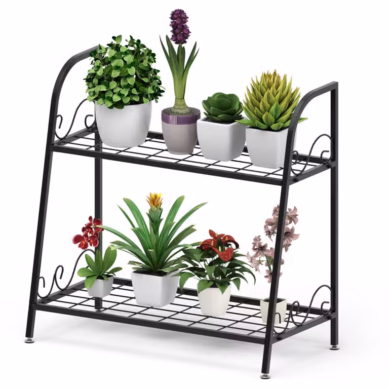 Costway 2-laags metalen plantenstandaard voor binnen en buiten, multifunctionele plantenhouder en displayplank voor bloempotten