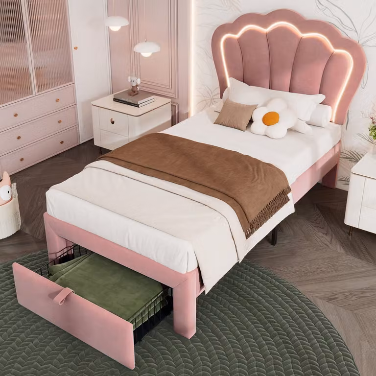 HAUSS SPOLE Gestoffeerd Bed met Verstelbaar Hoofdeinde en Opberglade - Roze Fluweel - B/D: 90 x 190 cm