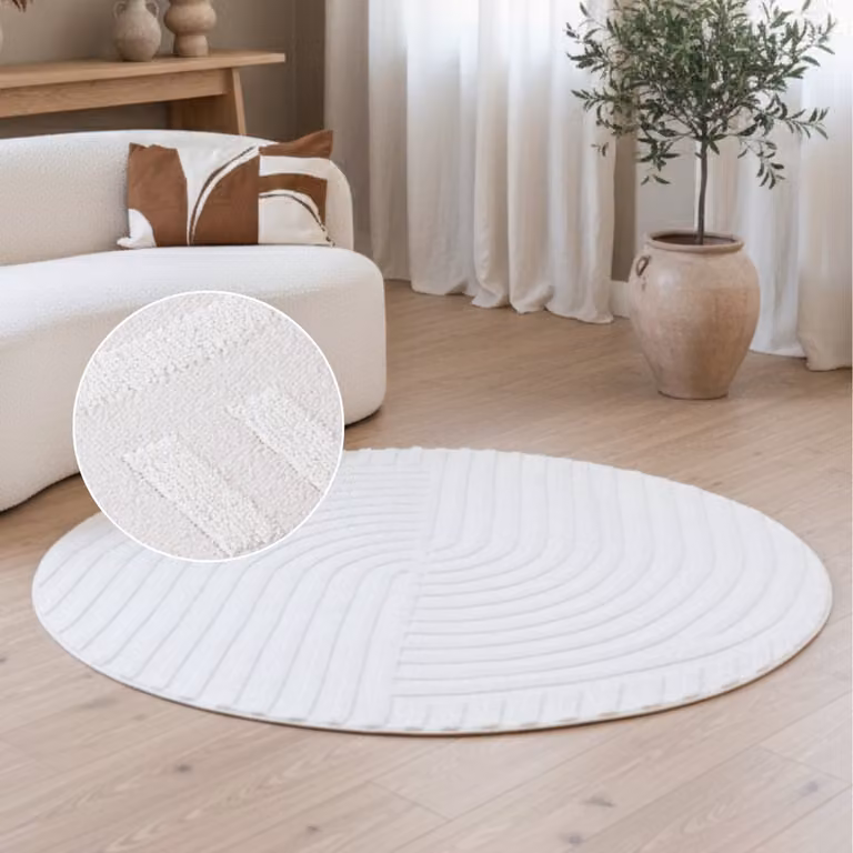 TAPISO Hygge Rond Vloerkleed Crème-Wit - Modern Laagpolig 3D Geometrisch Ontwerp - Diameter: 120 cm