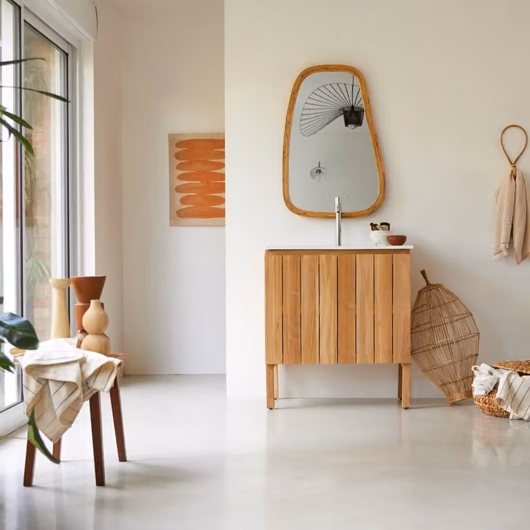 Tikamoon Jill badmeubel van massief teakhout en keramiek, Bruin, Breedte: 80 cm, Hoogte: 90 cm, Diepte: 52,88 cm