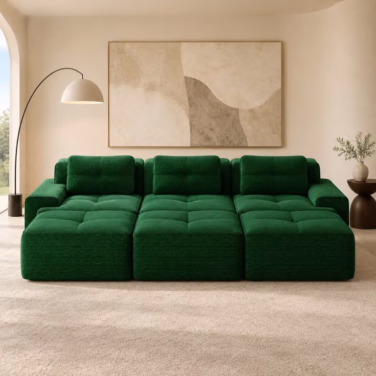 WUVRIE Modulaire hoekbank met slaapfunctie en 3 hockers, Groen cordstof, B/D/H: 293 x 177 cm