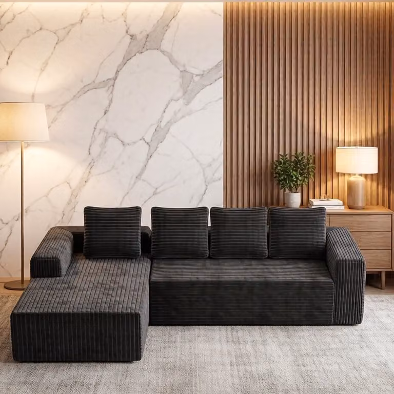 Cloud Hoekbank met L-vormige Chaise Longue aan de rechterkant, 3-zits modulaire bank met diepe zitting, Grijs