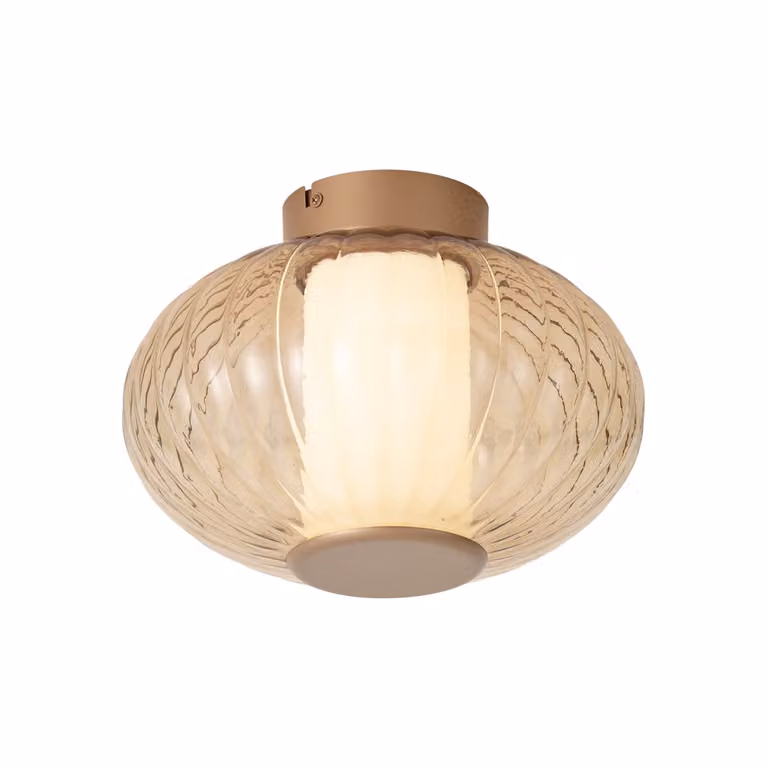 Qazqa Design plafondlamp messing met amber glas en dimbare LED warm wit