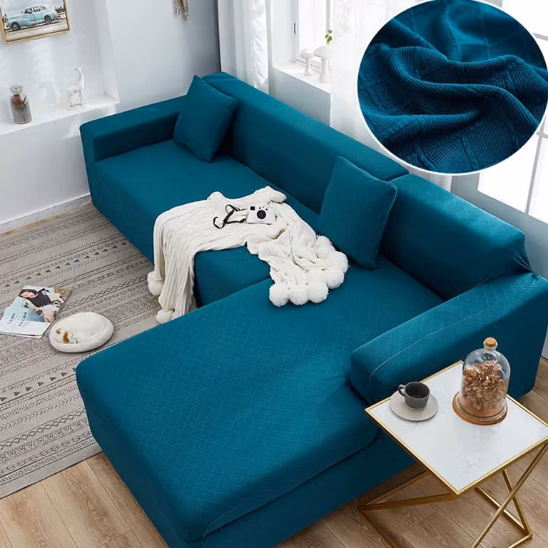 Blauwe sectionele bankhoes voor L-bank, 2 zits, super stretch stof