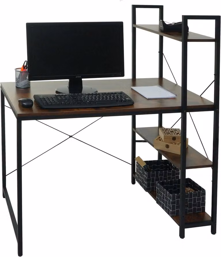 Bruine schrijftafel met regal en stabiel metalen frame voor thuiswerken, B/D/H: 100 x 60 x 120 cm