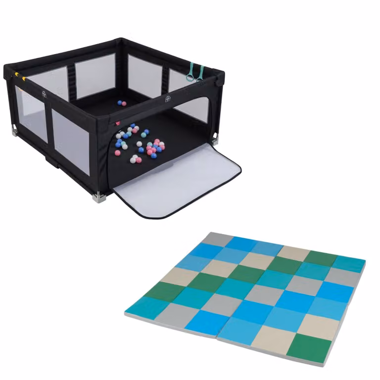 Costway Opvouwbare Babybox Zwart en Patchwork-Speelkleed Blauw+Groen - 2-delige Set