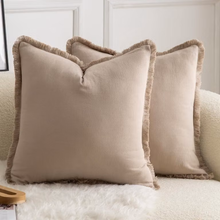 Set van 2 Neutrale Katoenen Kussenslopen met Franje, Boho Decoratieve Kussens voor Sofa en Slaapkamer, 50 x 50 cm