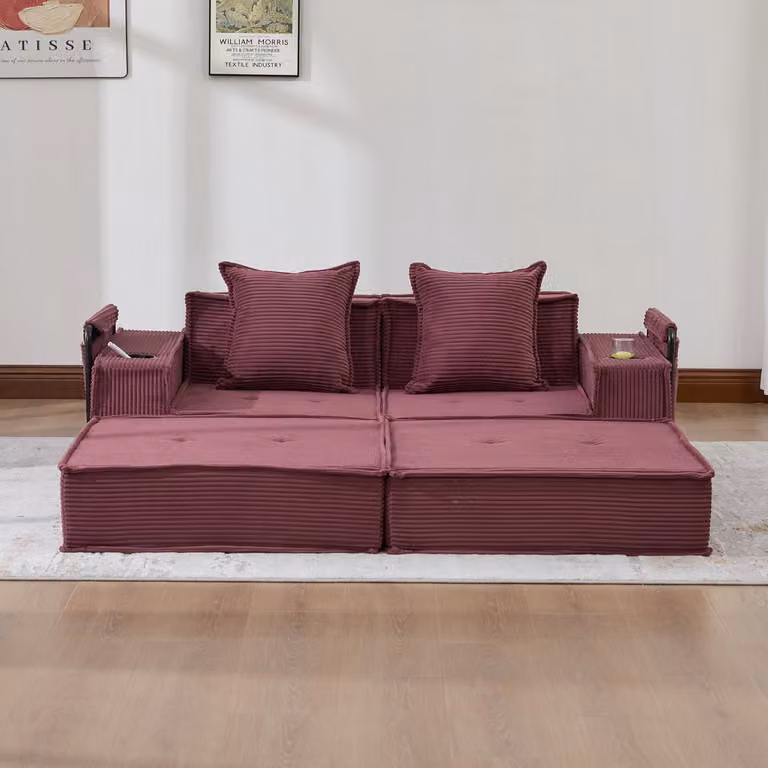MODFU 2-Zits Scandinavische Bank met Opbergvakken en 2 Kussens in Wijnrood Ribfluweel - B/D/H: 162 x 78 x 66 cm