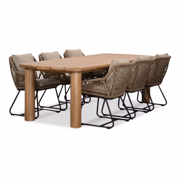 Laredo/Portofino Sahara Dust eettafelset voor 6 personen van hardhout en touw, 255 cm