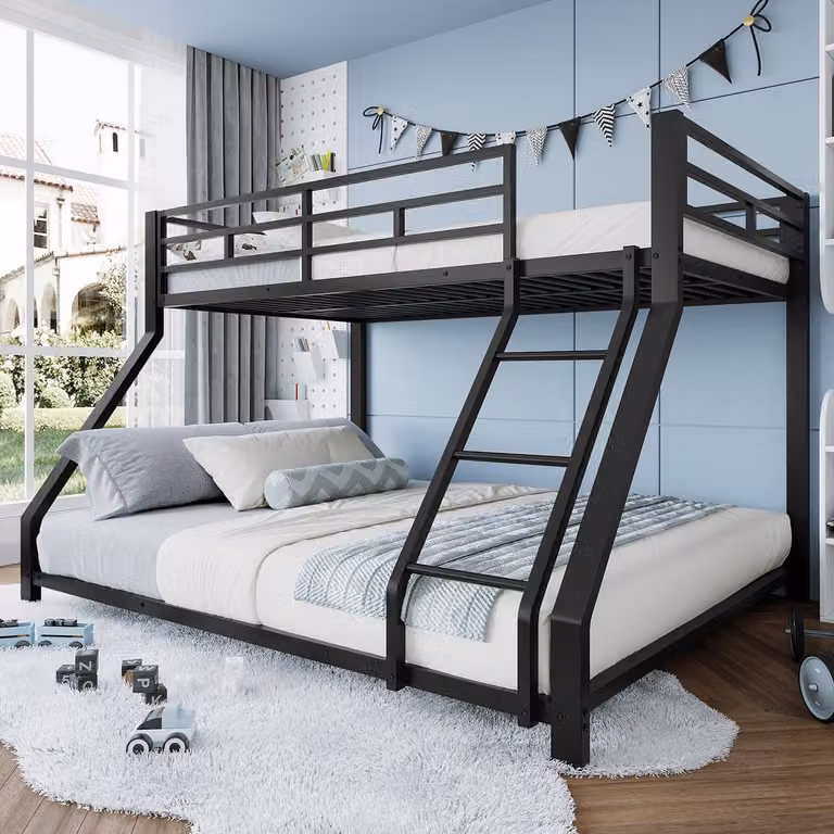 MODFU Stapelbed van metaal met ladder en valbeveiliging, Zwart, B/D/H: 90 x 200 cm en 140 x 200 cm