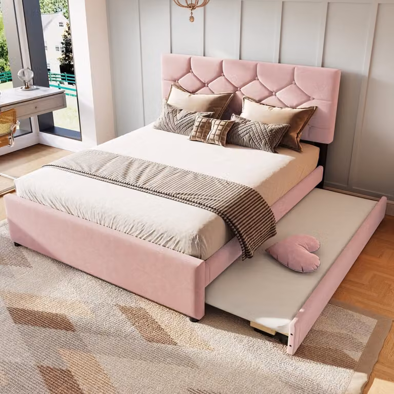 Mivray Gestoffeerd Bed met Lattenbodem en Uitschuifbed met Opberglade, Fluweel, Roze, B/D/H: 140 x 200 cm