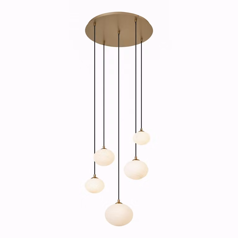 Qazqa Art Deco hanglamp goud/messing met wit wit opaal glas, 5-lichts
