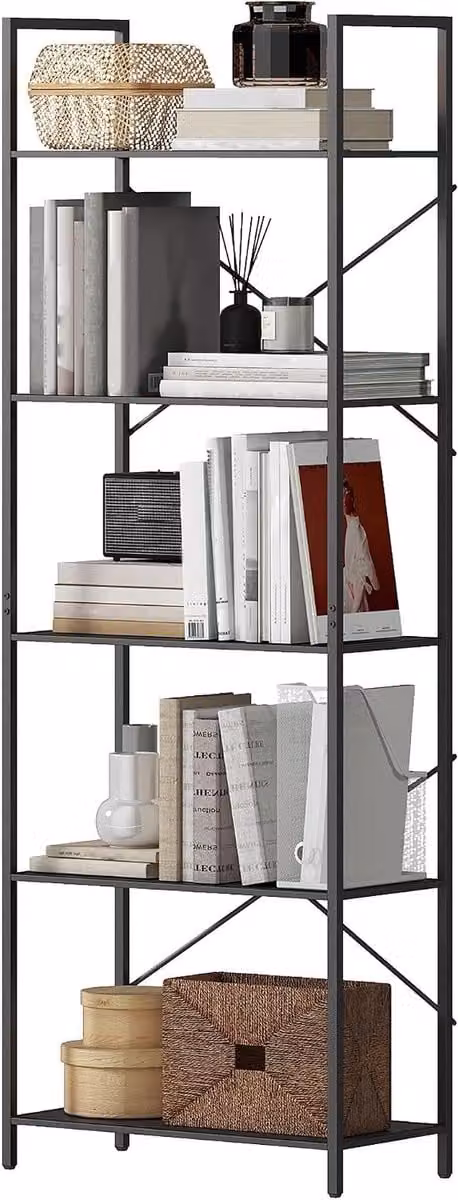 Industrieel Boekenrek met 5 Laags en Metalen Frame - Staande Open Plank voor Woonkamer, Slaapkamer of Thuiswerkplek