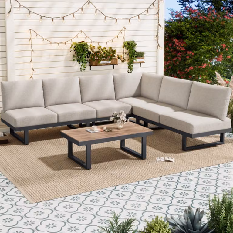 Moderne grijze loungeset in L-vorm met verstelbare rugleuning en slaapfunctie voor in de tuin of op het terras