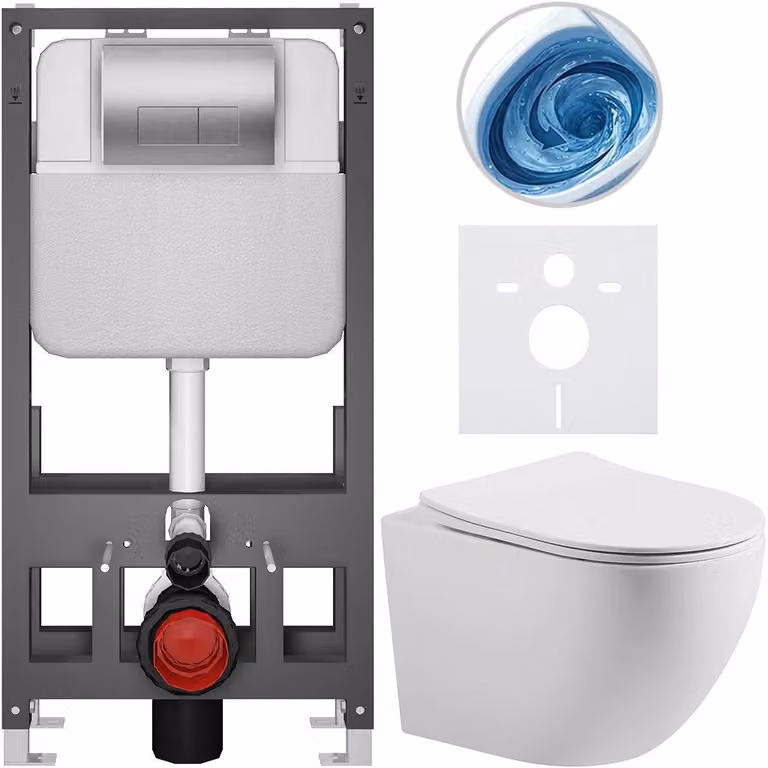 CERANO Toiletset Cesso wit mat met zilveren bedieningsknop Prime/Modulo, vrijstaand voor wandmontage, 49 x 36 cm