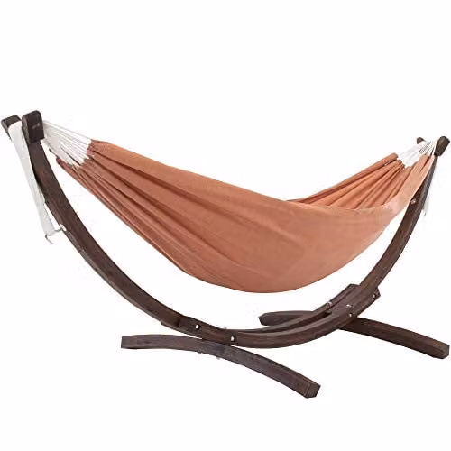Vivere Sunbrella Dubbele Hangmat met Massief Houten Standaard - Coral