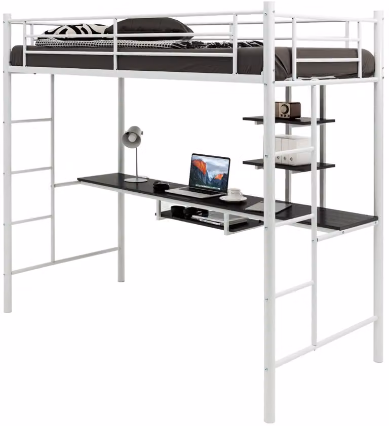 SureDeal® Metalen Hoogslaper met Bureau, Ruimtebesparend Stapelbedframe, Wit, H x B x D: 180,5 x 95 x 200 cm