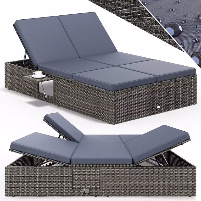 Casaria Tweepersoons Polyrattan Ligbed met Verstelbare Tafeltjes en Loungebank in Grijs Antraciet B/D: 200 x 115 cm