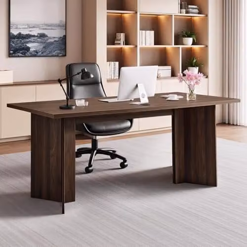 VEVOR Chefbureau 160 cm, modern computertafel met kabeldoorvoer, bruin en zwart