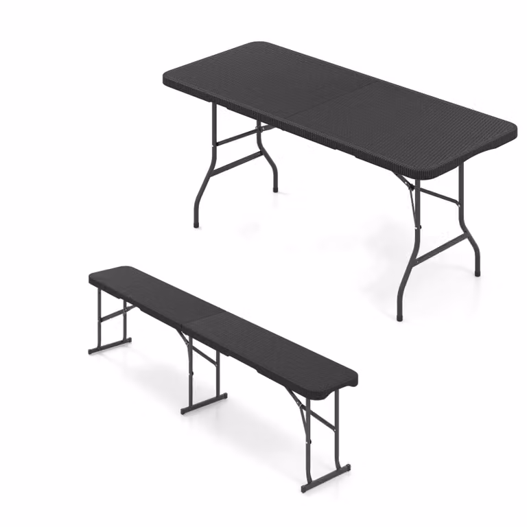 Costway Opklapbare Tuinset met Eettafel en Bierbank in Zwart Rotanlook