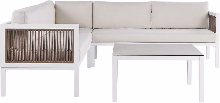 Borello Moderne vierzits loungeset met salontafel in wit en bruin aluminium voor in de tuin