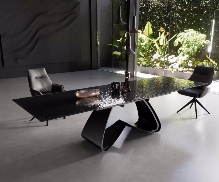 DELIFE Eetkamertafel Edge Rokerig Zwart met 3D-Relief Glas en Zwart W-frame, Uitschuifbaar, B/D/H: 200-300 x 100 x 76 cm