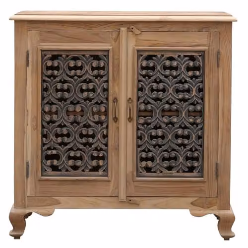 Abaddon dressoir van massief teakhout met oosters houtsnijwerk, Hoogte: 92 cm