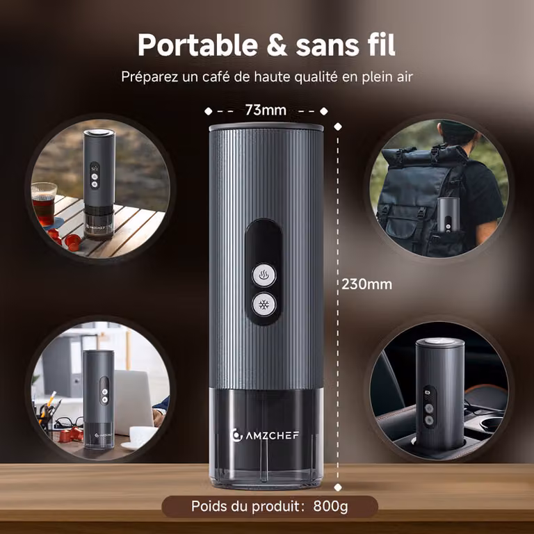 AMZCHEF 2-in-1 draagbaar koffiezetapparaat met 9000 mAh oplaadbare batterij voor NS-capsules en gemalen koffie, elektrische espressomachine met slim display voor onderweg