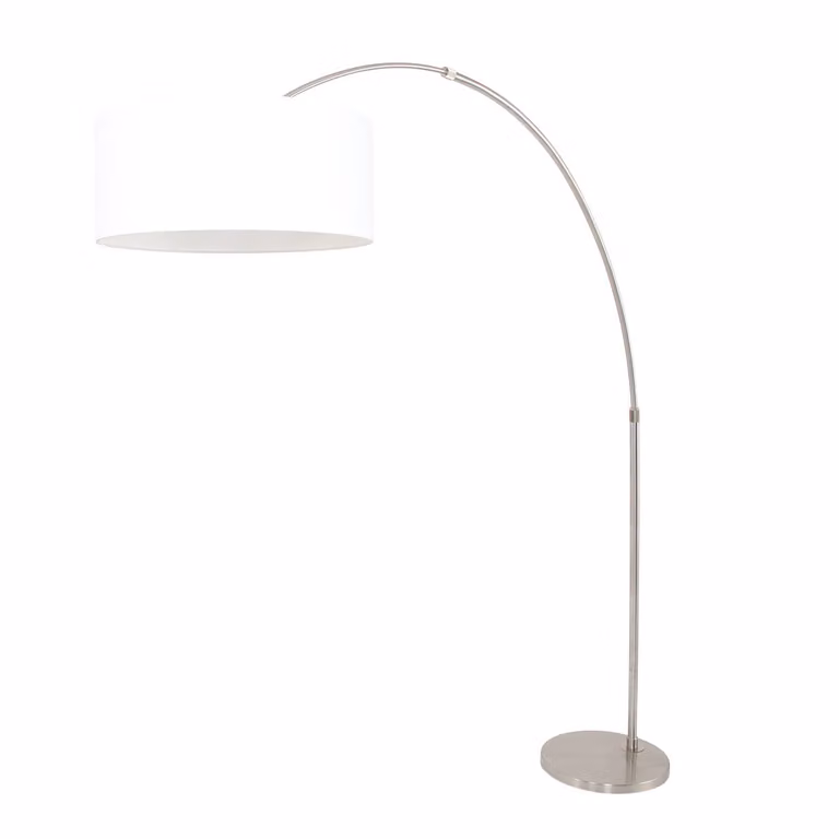 Steinhauer Booglamp Gramineus 50 met witte stoffen kap en zilverkleurig metalen onderstel
