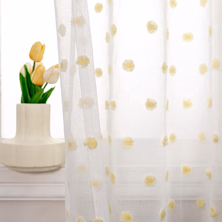 Geel Vitrage Paneel met Ringen en Geborduurd Pompon Patroon - 245 x 140 cm