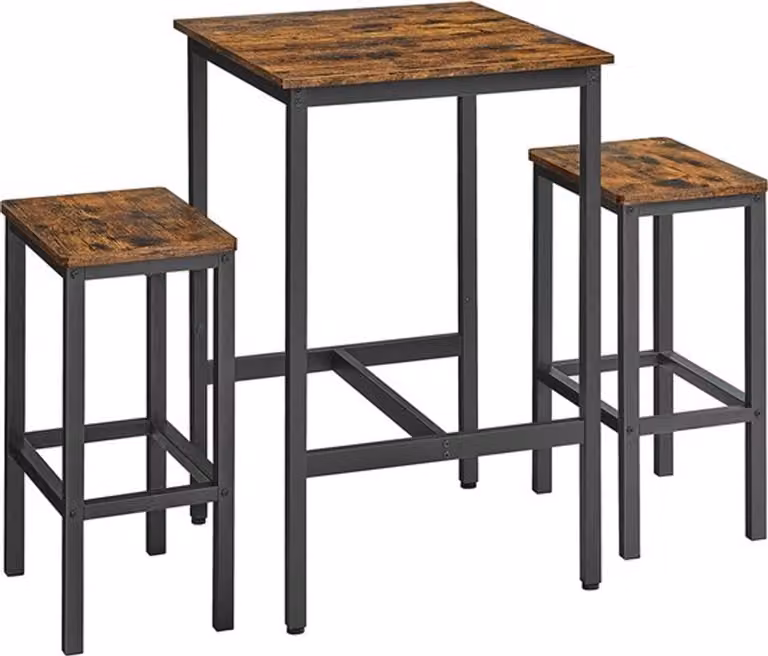 Vasagle Bartafel met 2 barkrukken set, industrieel design, vintage bruin-zwart, B/D/H: 60 x 60 x 90 cm en barkrukken 30 x 40 x 65 cm