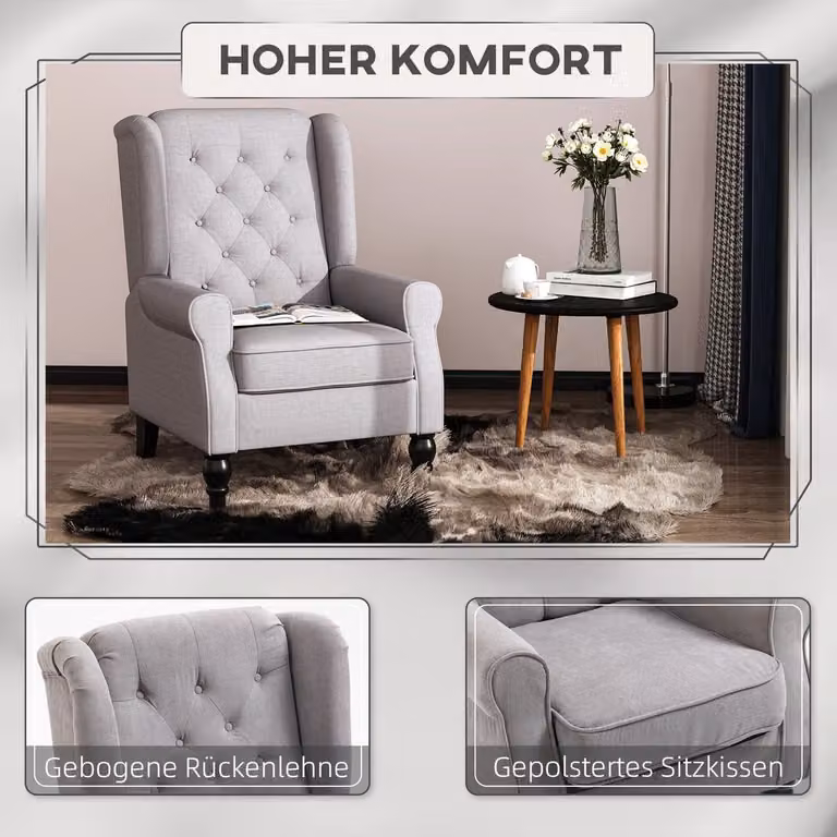 Gecapitonneerde oorfauteuil met armleuningen en houten poten, grijze loungestoel voor de woonkamer of slaapkamer