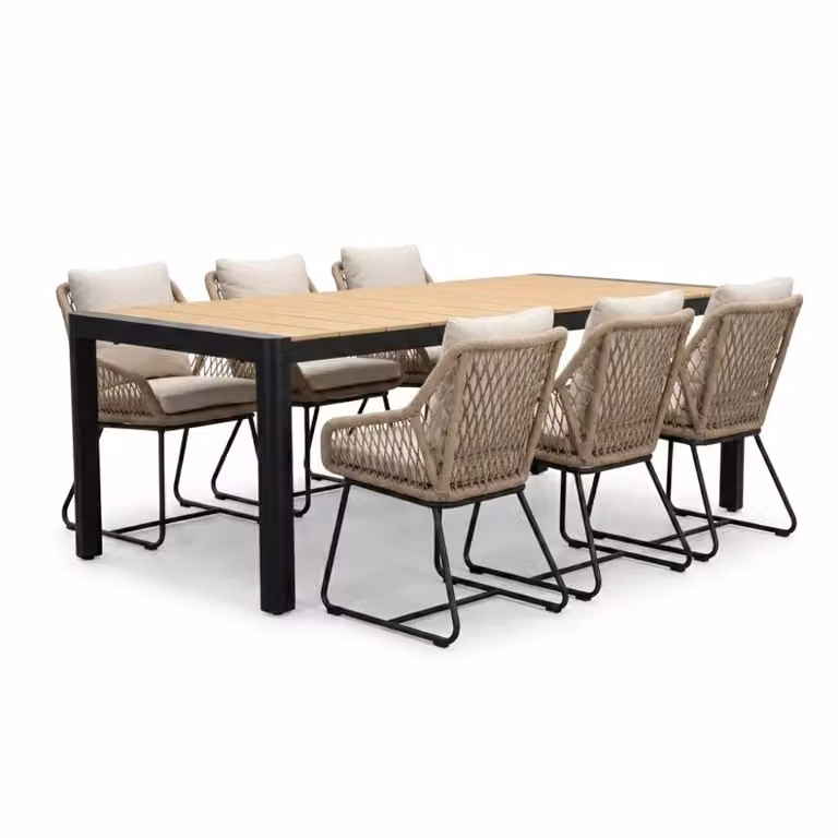 LUX outdoor living Liverpool/Portofino Sahara Dust eettafelset voor 6 personen - Polywood en touw
