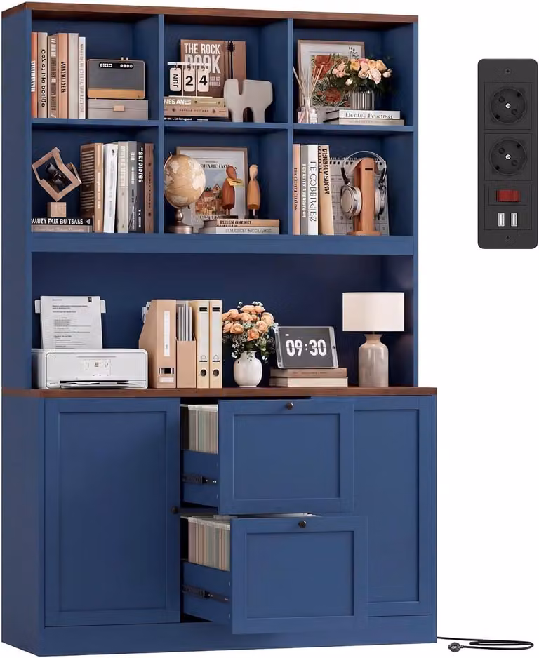 CINK & Co Boekenkast met 2 deuren en 2 lades en A4-hangmappenlade, Blauw, B: 116 cm, D: 40 cm, H: 182 cm