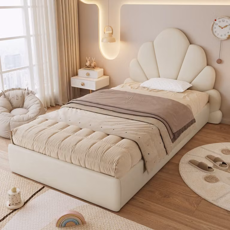 DESMIU Gestoffeerd Bed met Bloemvormig Hoofdbord voor Kinder- en Jeugdkamer, Fluweel, Beige, B/D: 90 x 200 cm