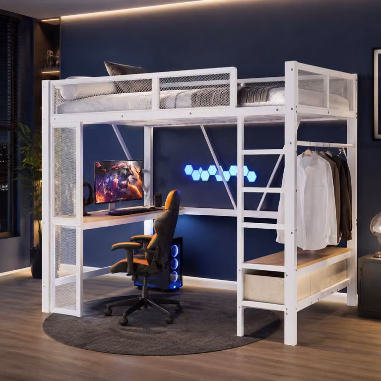 REDOM Hoogslaper met bureau, opbergruimte, 3 lades, open kledingkast, LED-verlichting en USB - Wit - B/D: 140 x 200 cm