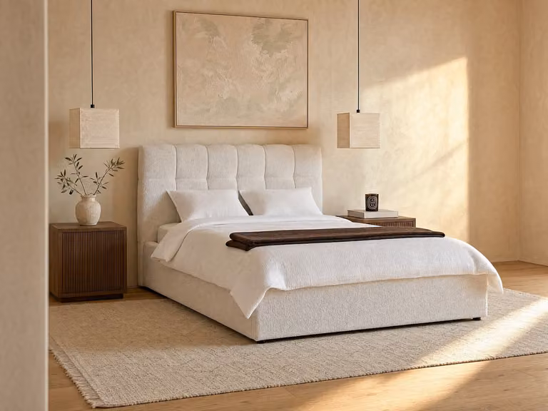 MAZIRI Bed met opbergruimte in witte boucléstof, 140 x 190 cm