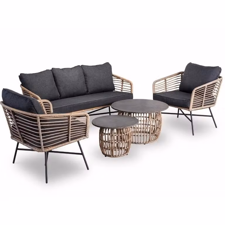 Flow 5-delige loungeset voor 5 personen met wicker en betonlook in bamboo antraciet