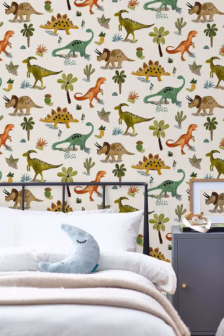 home24 Vliesbehang Dino & Friends, Beige en Multicolour, Breedte: 52 cm, Lengte: 1005 cm