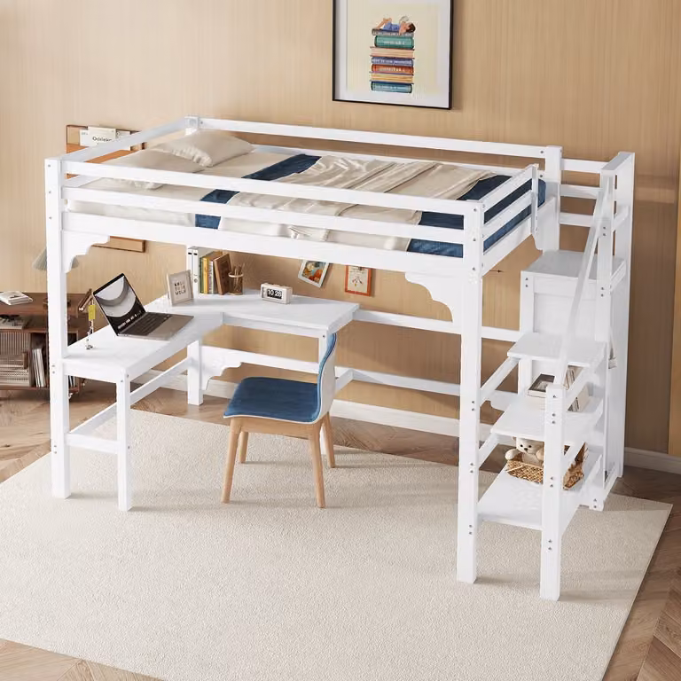 Merax Hoogslaper voor kinderen met L-vormig bureau en open kledingkast, wit, 140 x 200 cm